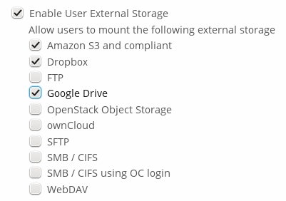 Checkboxes to allow users to mount external storage services.